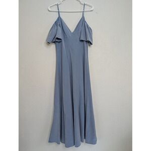 Zara Off-the-Shoulder Midi Dress Womens Size Medium Dusty Blue V Neck‎ Babydoll